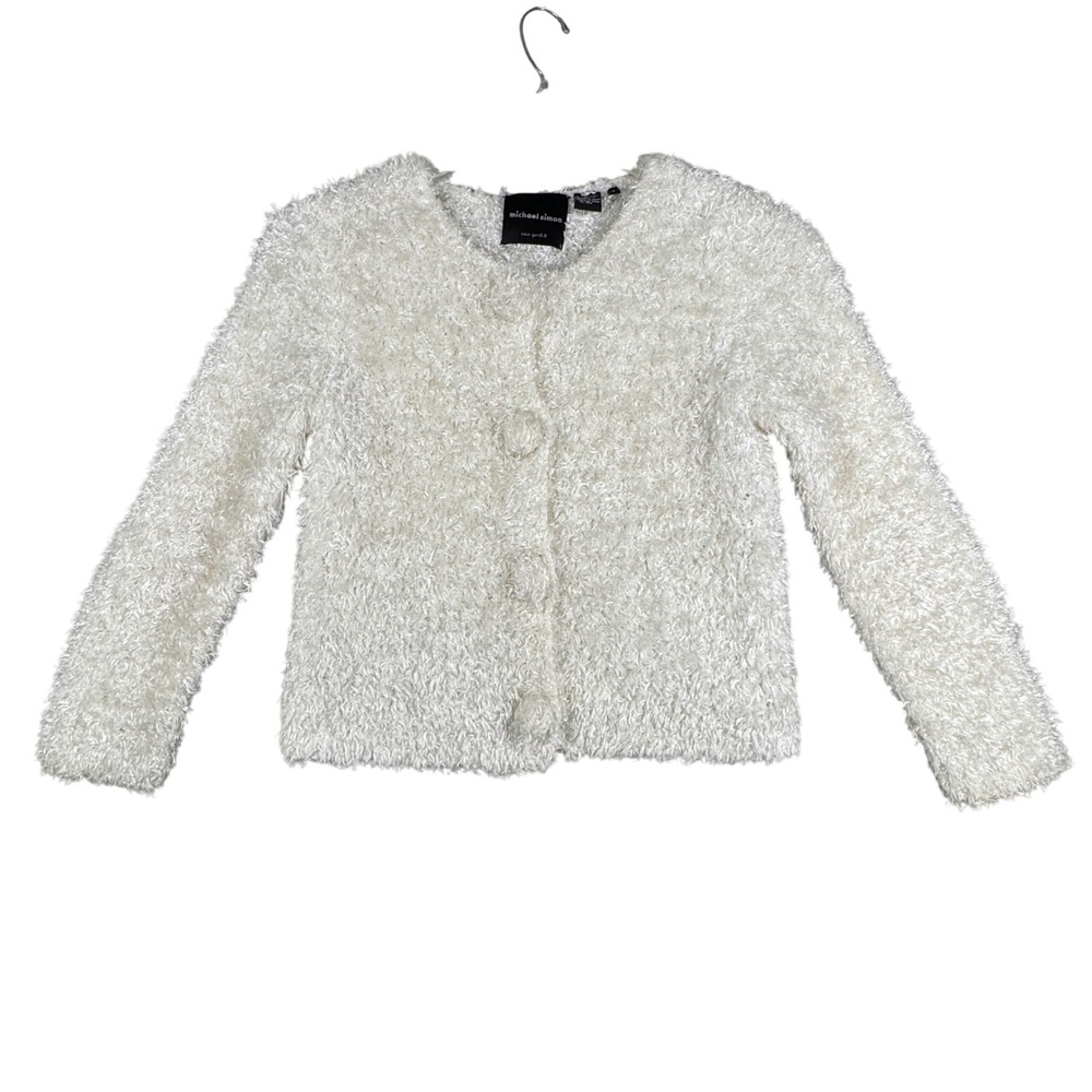 Michael Simon Sweater White Fuzzy Cardigan Shaggy Neutral Bohemian Casual‎ Small